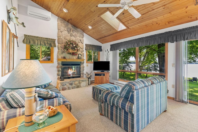 20592 Lehmicke Ln, Trade Lake, WI 54853 - living area with an AC wall unit, carpet flooring, ceiling fan, wooden ceiling, and a stone fireplace