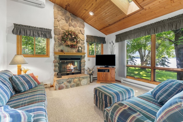 20592 Lehmicke Ln, Trade Lake, WI 54853 - carpeted living room featuring a baseboard heating unit, vaulted ceiling, a skylight, a fireplace, and wooden ceiling