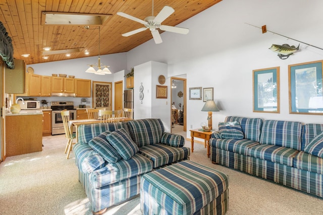 20592 Lehmicke Ln, Trade Lake, WI 54853 - living room with light carpet, high vaulted ceiling, a ceiling fan, and wood ceiling