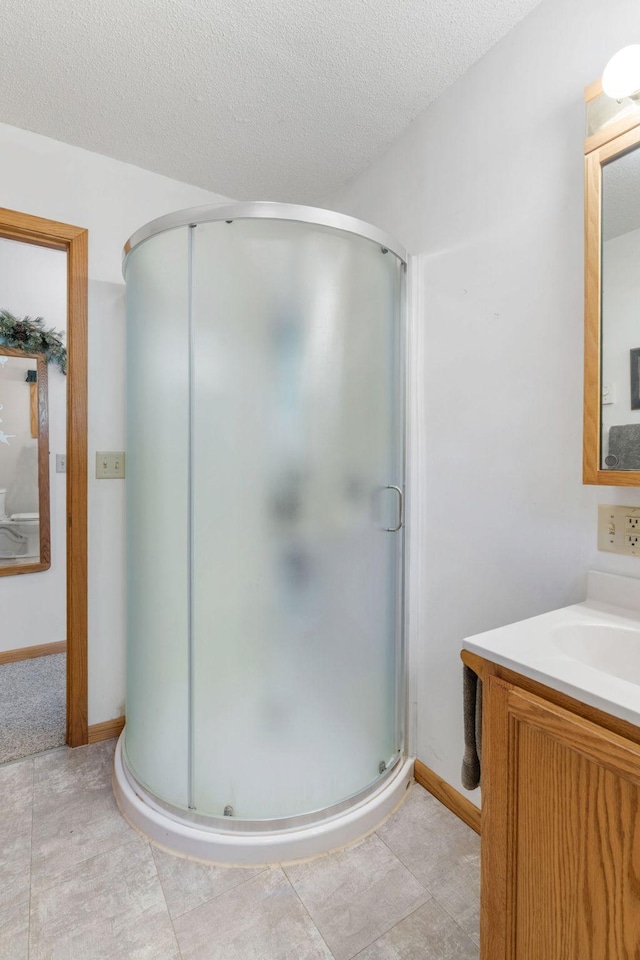 20592 Lehmicke Ln, Trade Lake, WI 54853 - full bath featuring vanity, a shower stall, and a textured ceiling