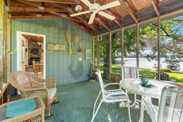 20592 Lehmicke Ln, Trade Lake, WI 54853 - sunroom / solarium with a water view, lofted ceiling, and a ceiling fan