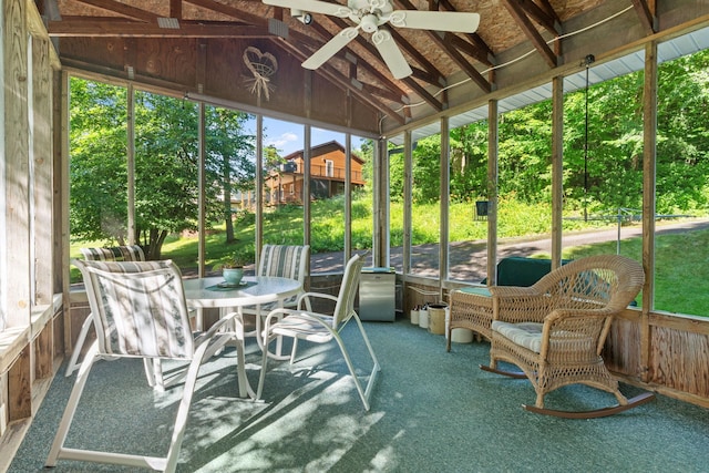 20592 Lehmicke Ln, Trade Lake, WI 54853 - sunroom / solarium featuring ceiling fan, lofted ceiling, and outdoor dining space