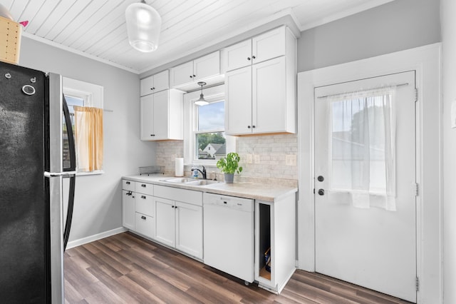218 11th Ave NE, Rochester, MN 55906 - kitchen with dishwasher, freestanding refrigerator, light countertops, white cabinetry, and tasteful backsplash