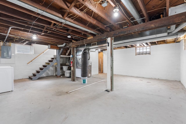 218 11th Ave NE, Rochester, MN 55906 - basement featuring electric panel, washer / dryer, stairs, heating unit, and plenty of natural light
