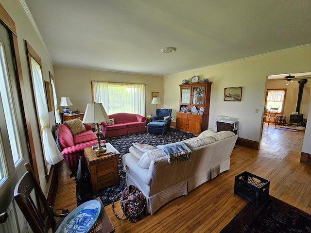 86389 245th St, Albert Lea, MN 56007 - living room featuring healthy amount of natural light, a wood stove, crown molding, and hardwood / wood-style flooring