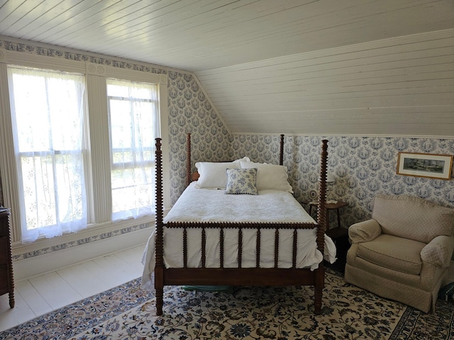86389 245th St, Albert Lea, MN 56007 - bedroom with wallpapered walls, vaulted ceiling, and wood ceiling