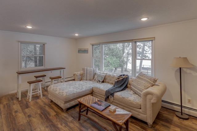 36722 Birch Dr, Jenkins Twp, MN 56474 - living area with baseboard heating, wood finished floors, recessed lighting, and crown molding