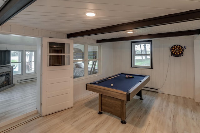 36722 Birch Dr, Jenkins Twp, MN 56474 - playroom featuring light wood finished floors, pool table, a baseboard radiator, and a wooden ceiling with exposed beams