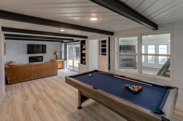 36722 Birch Dr, Jenkins Twp, MN 56474 - game room featuring billiards, wood finished floors, wooden walls, and a wooden ceiling with exposed beams