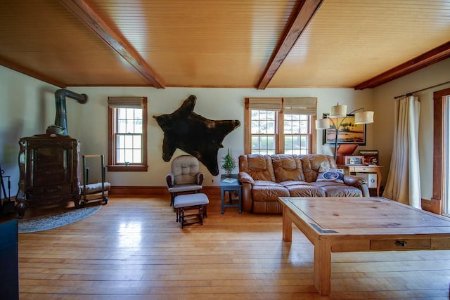 37437 State Highway 7, Big Stone Twp, MN 56278 - living room with a wood stove, light wood-style flooring, and a wood ceiling with exposed beams