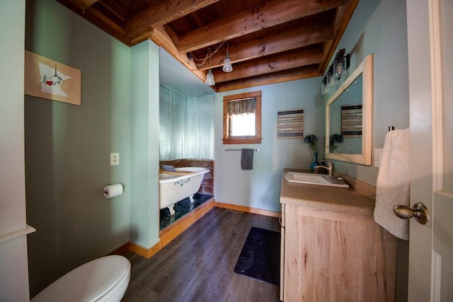 37437 State Highway 7, Big Stone Twp, MN 56278 - bathroom with a wood ceiling with exposed beams, wood finished floors, vanity, and a bath