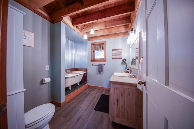 37437 State Highway 7, Big Stone Twp, MN 56278 - full bath featuring a wood ceiling with exposed beams, vanity, wood finished floors, and a tub to relax in