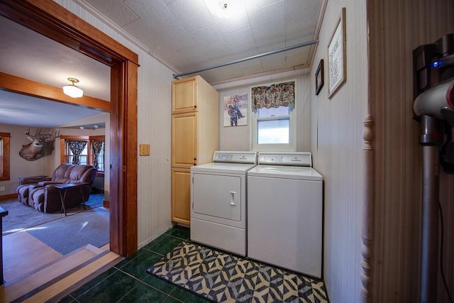 37437 State Highway 7, Big Stone Twp, MN 56278 - laundry room featuring independent washer and dryer, cabinet space, dark tile patterned flooring, and wooden walls