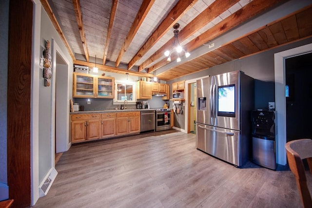 37437 State Highway 7, Big Stone Twp, MN 56278 - kitchen with stainless steel appliances, a wooden ceiling with exposed beams, light wood-type flooring, glass insert cabinets, and light countertops