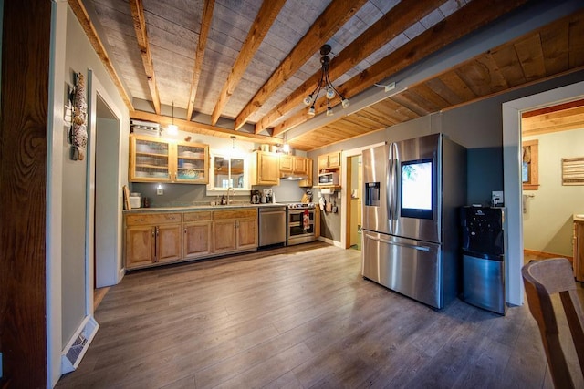 37437 State Highway 7, Big Stone Twp, MN 56278 - kitchen with stainless steel appliances, a wood ceiling with exposed beams, dark wood-type flooring, glass insert cabinets, and light brown cabinetry