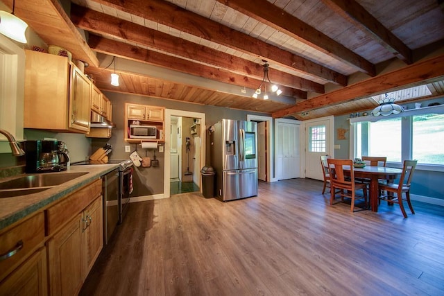 37437 State Highway 7, Big Stone Twp, MN 56278 - kitchen with appliances with stainless steel finishes, a wooden ceiling with exposed beams, under cabinet range hood, dark wood-style flooring, and decorative light fixtures