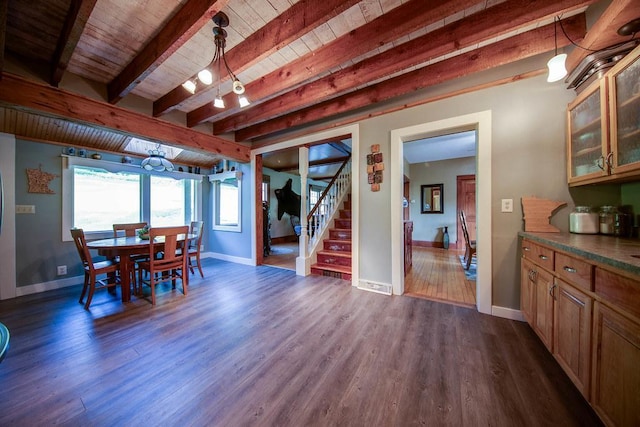 37437 State Highway 7, Big Stone Twp, MN 56278 - dining space with a wooden ceiling with exposed beams, stairway, and dark wood finished floors