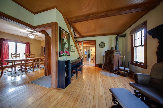 37437 State Highway 7, Big Stone Twp, MN 56278 - living room featuring a wood stove, healthy amount of natural light, hardwood / wood-style flooring, wood ceiling, and stairway