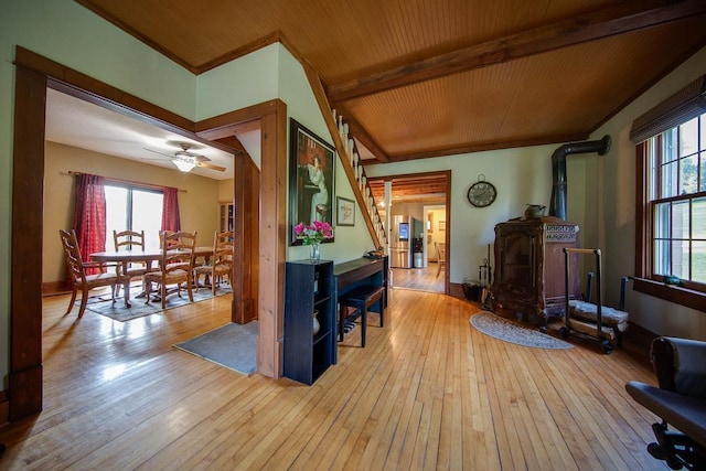 37437 State Highway 7, Big Stone Twp, MN 56278 - corridor with wood-type flooring, a wooden ceiling with exposed beams, and stairs
