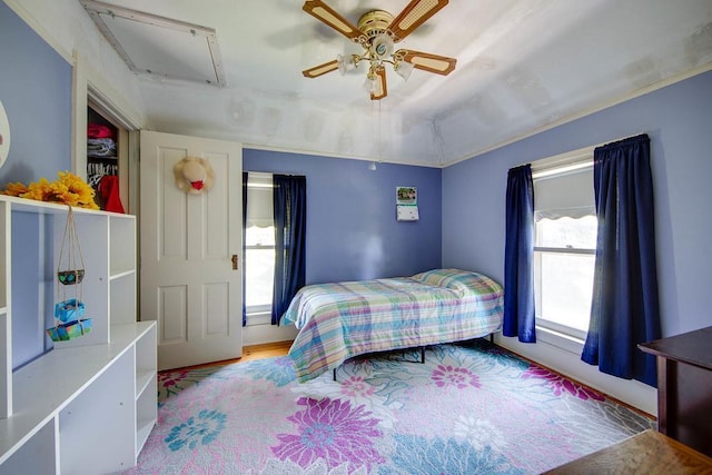 37437 State Highway 7, Big Stone Twp, MN 56278 - bedroom featuring attic access, ceiling fan, and wood finished floors