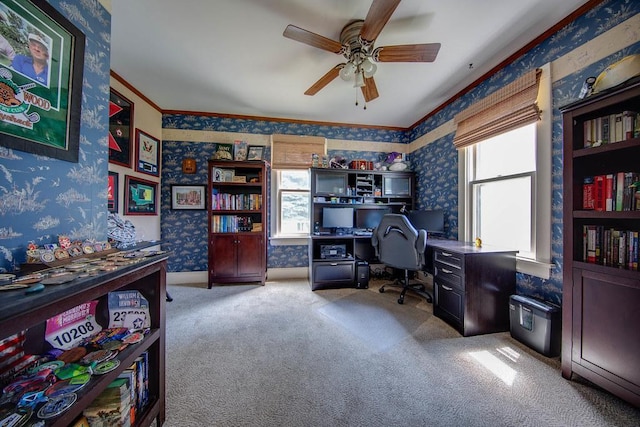 37437 State Highway 7, Big Stone Twp, MN 56278 - office featuring wallpapered walls, a ceiling fan, carpet floors, and ornamental molding