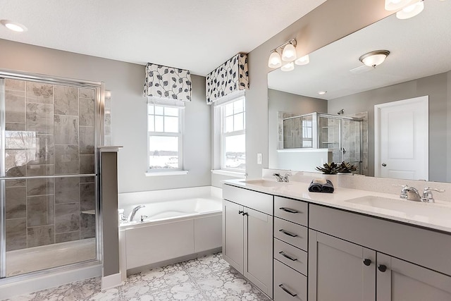 23632 Ashbury Dr, Rogers, MN 55374 - bathroom featuring a stall shower, double vanity, a bath, and marble finish flooring