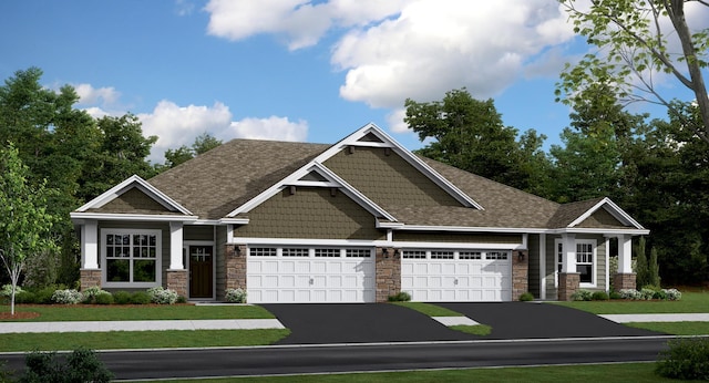 20051 66th Pl, Corcoran, MN 55340 - craftsman inspired home featuring stone siding, an attached garage, driveway, a front yard, and roof with shingles