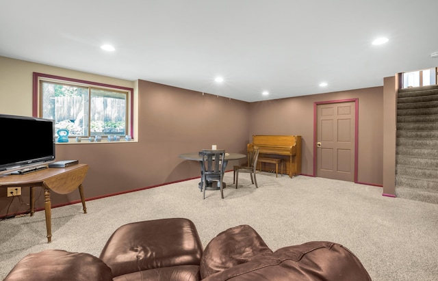 12145 Jonquil St NW, Coon Rapids, MN 55433 - carpeted living room with stairway and recessed lighting