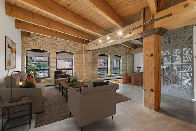 404 Washington Ave N Unit 304, Minneapolis, MN 55401 - living area featuring brick wall, a wooden ceiling with exposed beams, and finished concrete flooring