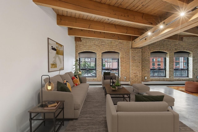 404 Washington Ave N Unit 304, Minneapolis, MN 55401 - living area with brick wall and a wooden ceiling with exposed beams