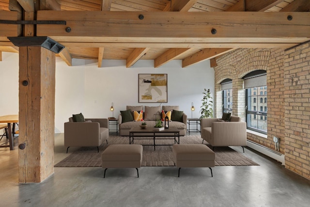 404 Washington Ave N Unit 304, Minneapolis, MN 55401 - living area with baseboard heating, finished concrete floors, brick wall, and a wood ceiling with exposed beams