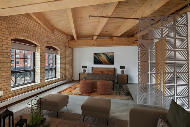 404 Washington Ave N Unit 304, Minneapolis, MN 55401 - bedroom featuring a baseboard radiator, brick wall, and a wood ceiling with exposed beams