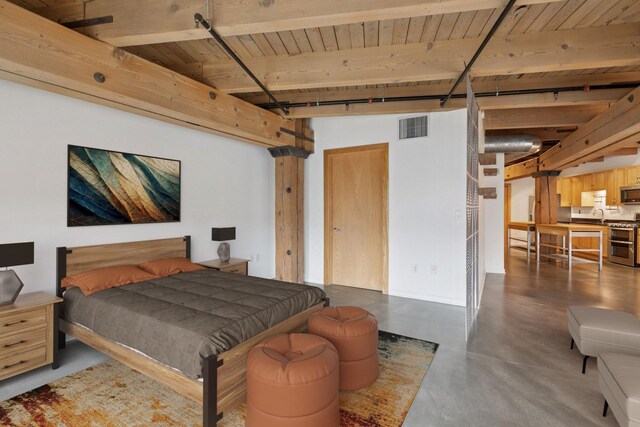 404 Washington Ave N Unit 304, Minneapolis, MN 55401 - bedroom featuring a wooden ceiling with exposed beams and concrete flooring