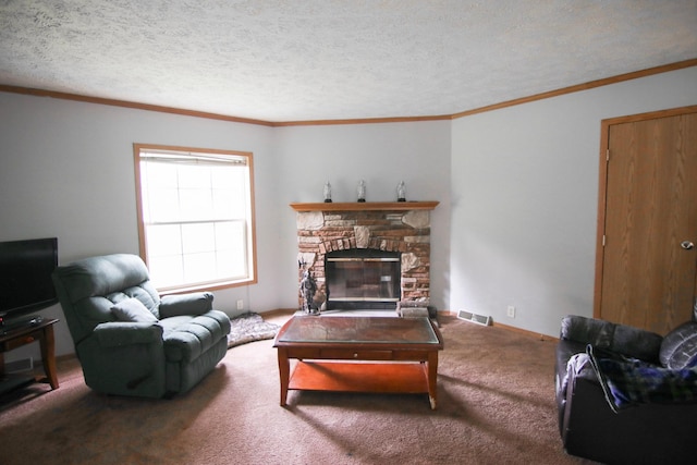23829 Bulrush Dr, Lake Edward Twp, MN 56465 - carpeted living room featuring crown molding, a stone fireplace, and a textured ceiling