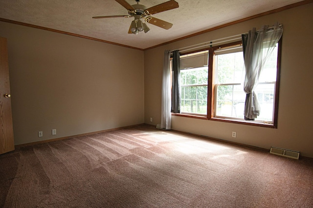 23829 Bulrush Dr, Lake Edward Twp, MN 56465 - carpeted empty room with crown molding, a ceiling fan, and a textured ceiling