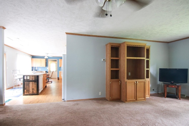 23829 Bulrush Dr, Lake Edward Twp, MN 56465 - unfurnished living room with a ceiling fan, a textured ceiling, crown molding, and light colored carpet