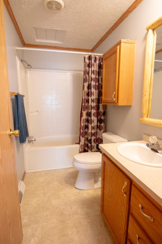 23829 Bulrush Dr, Lake Edward Twp, MN 56465 - bathroom with shower / tub combo with curtain, vanity, a textured ceiling, and crown molding