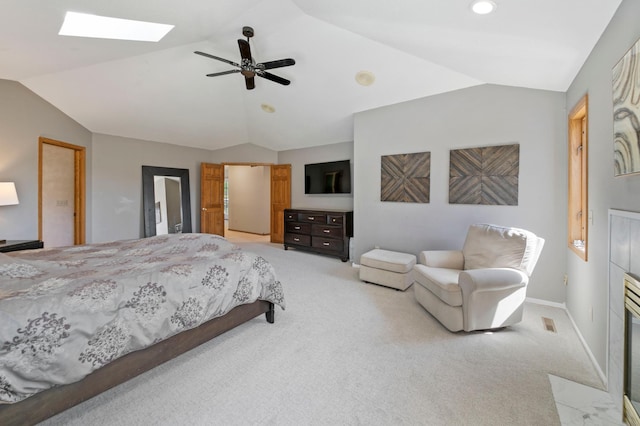 1110 Lecuyer Dr, Stillwater, MN 55082 - bedroom featuring lofted ceiling, a skylight, light carpet, ceiling fan, and recessed lighting