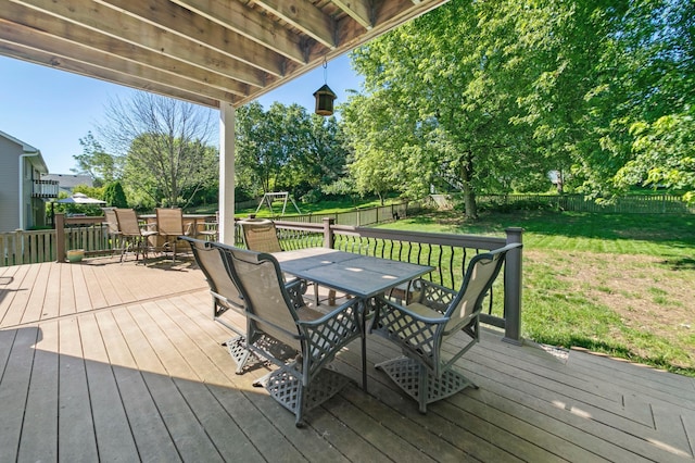 1110 Lecuyer Dr, Stillwater, MN 55082 - wooden deck with outdoor dining area and a fenced backyard