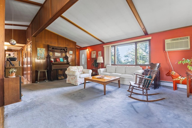 674 Greer Ave NW, Maple Lake, MN 55358 - carpeted living area with an AC wall unit, wood walls, and a baseboard radiator
