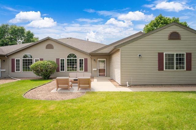 3204 49th St NW, Rochester, MN 55901 - back of property with a patio, a yard, an outdoor living space, and a shingled roof