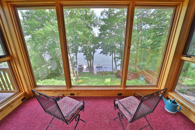 2471 Birch Forest Rd SW, Nisswa, MN 56468 - sunroom featuring a water view, carpet floors, and healthy amount of natural light