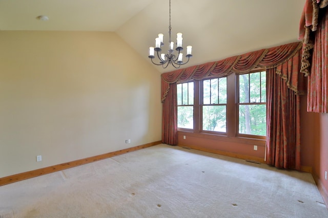 2471 Birch Forest Rd SW, Nisswa, MN 56468 - unfurnished room with a chandelier, vaulted ceiling, and carpet floors