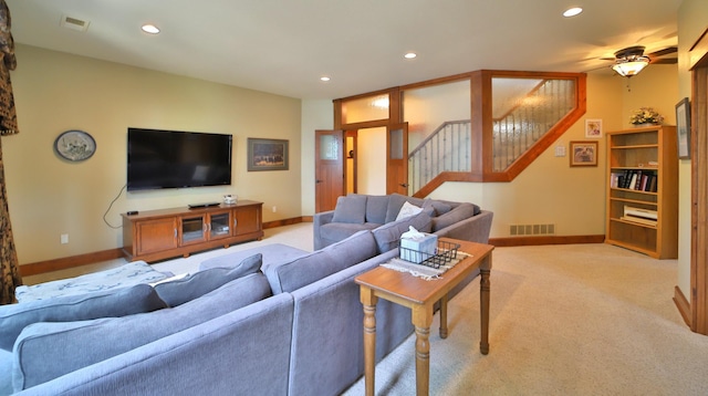 2471 Birch Forest Rd SW, Nisswa, MN 56468 - living area with recessed lighting, light carpet, stairs, and a ceiling fan