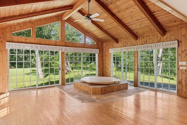33 Eagle Ridge Rd, North Oaks, MN 55127 - bathroom with hardwood / wood-style flooring, wood walls, a wood ceiling with exposed beams, a ceiling fan, and high vaulted ceiling