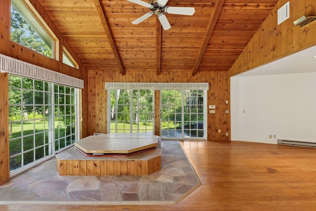 33 Eagle Ridge Rd, North Oaks, MN 55127 - bathroom featuring a wooden ceiling with exposed beams, wood finished floors, wood walls, ceiling fan, and a baseboard radiator