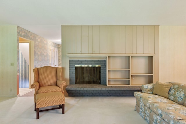 33 Eagle Ridge Rd, North Oaks, MN 55127 - carpeted living room featuring wallpapered walls and a brick fireplace