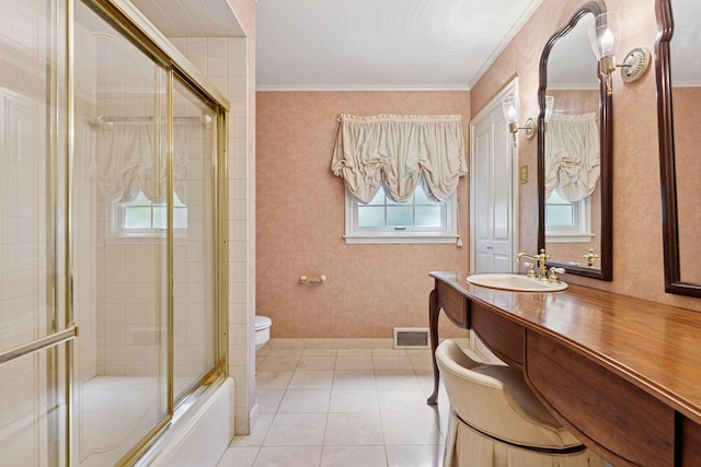 33 Eagle Ridge Rd, North Oaks, MN 55127 - full bathroom featuring vanity, bath / shower combo with glass door, tile patterned flooring, and ornamental molding