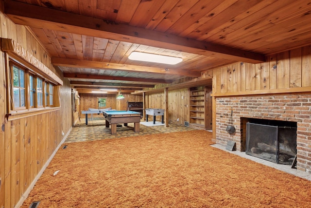 33 Eagle Ridge Rd, North Oaks, MN 55127 - rec room with wooden walls, pool table, a wood ceiling with exposed beams, a brick fireplace, and carpet floors