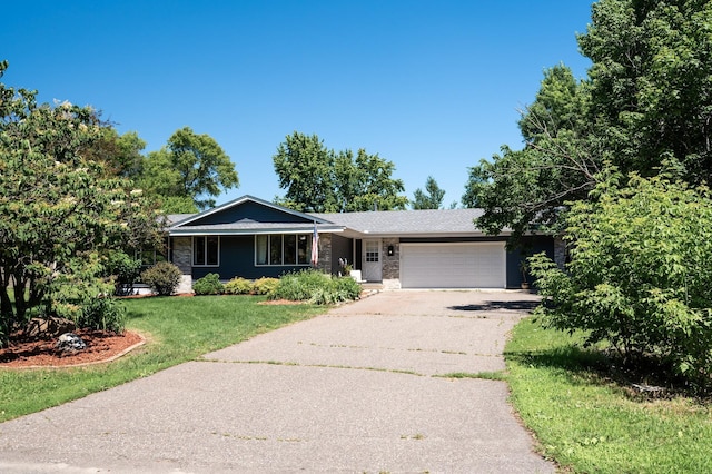17220 138th Ave N, Dayton, MN 55327 - ranch-style house with an attached garage, asphalt driveway, a front lawn, and stone siding